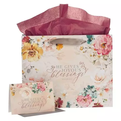 He Gives Joyous Blessings, Maroon Large Landscape Gift Bag w/Card & Tissue Paper Set