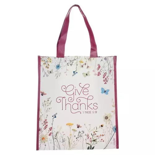 Tote Burgundy/White Floral Printed Give Thanks 1 Thess. 5:18