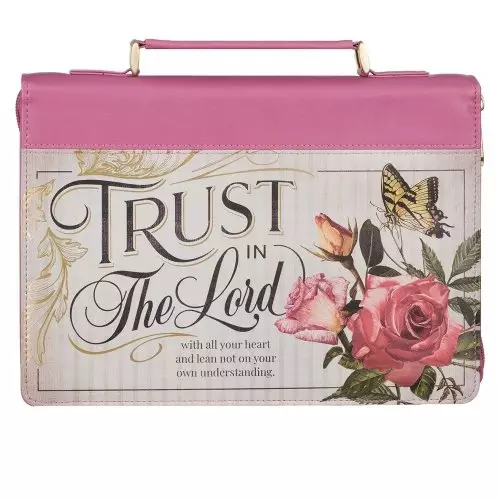 Medium Trust in the Lord Pink Rose Vintage Floral Vegan Leather Fashion Bible Cover for Women - Prov. 3:5