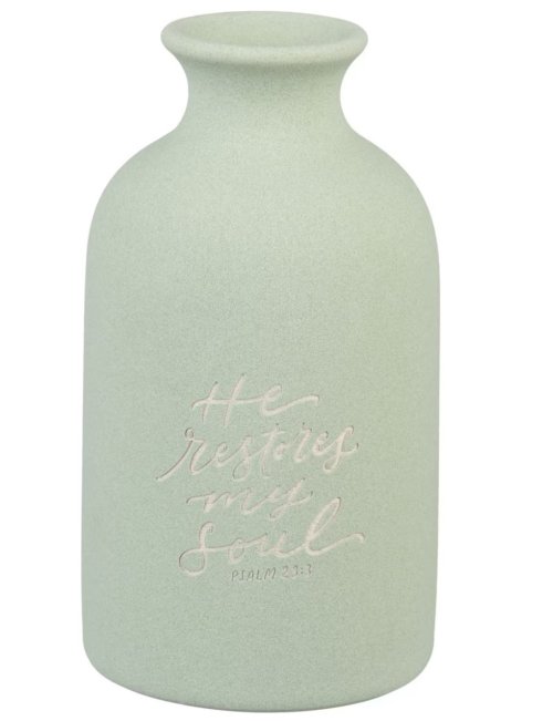 He Restores My Soul Green Garden Ceramic Table Vase - Psalm 23:3