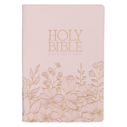 Whisper Pink Floral Faux Leather Large Print Thinline King James with Thumb Index