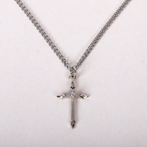16-18" Platinum Plated Brass Chain with Sterling Silver Cross Stone Necklace