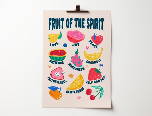 Fruit of the Spirit A4 poster, with fruit illustrations.