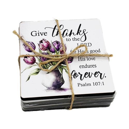 Set of 6 Wooden Coasters – "Give Thanks to the Lord for He Is Good" (Psalm 107:1)