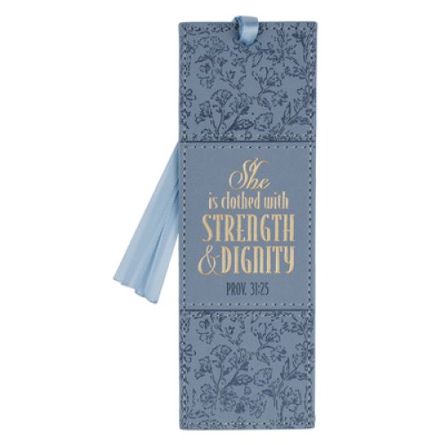 Bookmark Faux Leather Blue Floral Strength And Dignity Prov. 31:25