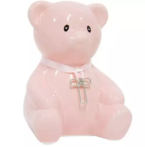 Teddy Money Box & Cross Pink