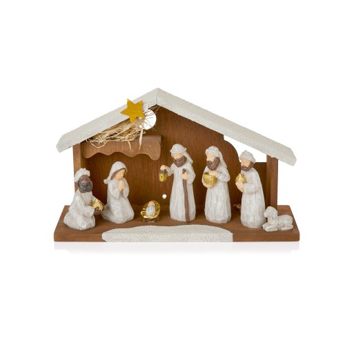 30cm 7 Piece Nativity Scene with Wood House