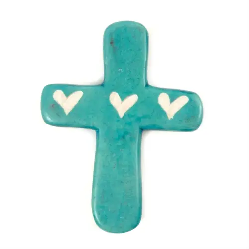 Small Soapstone Cross with Hearts - Turquoise
