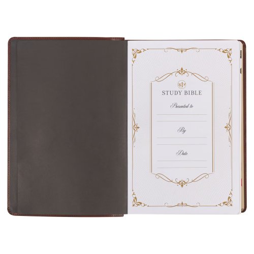 Art Nouveau Framed Toffee Brown Faux Leather Large Print King James Study Bible with Thumb Index