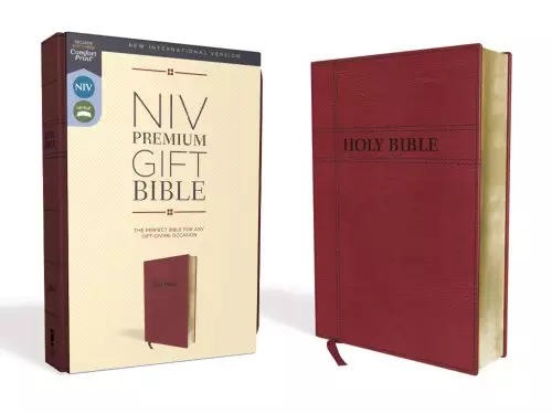 NIV Gift Bible, Burgundy, Leathersoft, Red Letter, Comfort Print, Presentation Page, Ribbon Marker, Dictionary