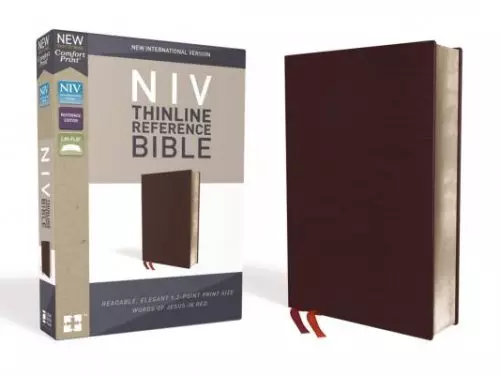 NIV, Thinline Reference Bible (Deep Study at a Portable Size), Bonded Leather, Burgundy, Red Letter, Comfort Print