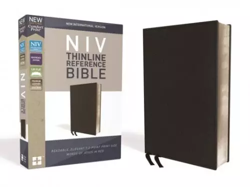 NIV, Thinline Reference Bible (Deep Study at a Portable Size), Genuine Leather, Calfskin, Black, Red Letter, Comfort Print