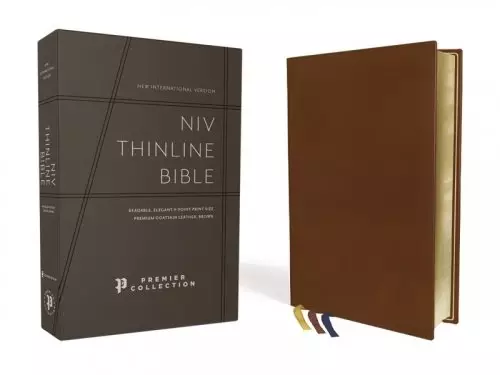 NIV, Thinline Bible, Premium Goatskin Leather, Brown, Premier Collection, Black Letter, Art Gilded Edges, Comfort Print