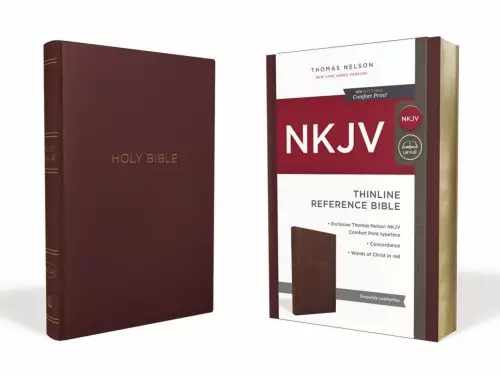 NKJV, Thinline Reference Bible, Leather-Look, Burgundy, Red Letter, Comfort Print