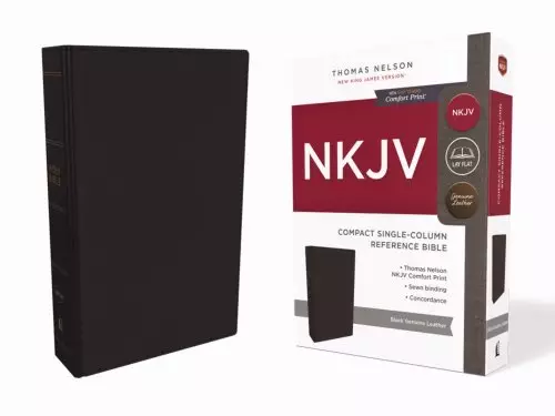 NKJV, Compact Single-Column Reference Bible, Genuine Leather, Black, Comfort Print