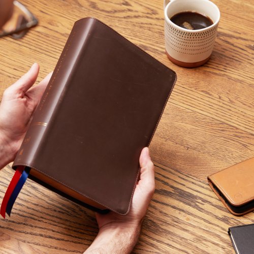 NKJV, Interleaved Bible, Journal Edition, Genuine Leather, Brown, Red Letter, Comfort Print