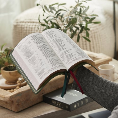 NKJV, Thinline Reference Bible, Large Print, Premium Goatskin Leather, Green, Premier Collection, Red Letter, Comfort Print