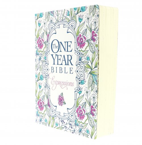 NLT The One Year Bible Expressions Devotional Bible for Women White Paperback Journaling Bible Wide Margin Adult Colouring Devotional Presentation Page Illustrated Bible