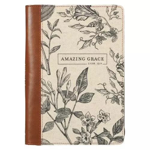 Journal-Classic Zip Brown/Cream Floral Printed-Amazing Grace 2 Cor. 12:9