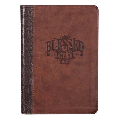 Classic Faux Leather Journal Blessed Man Jeremiah 17:7 Bible Verse Brown Inspirational Notebook, Lined Pages w/Scripture, Ribbon Marker, Zipper Closure