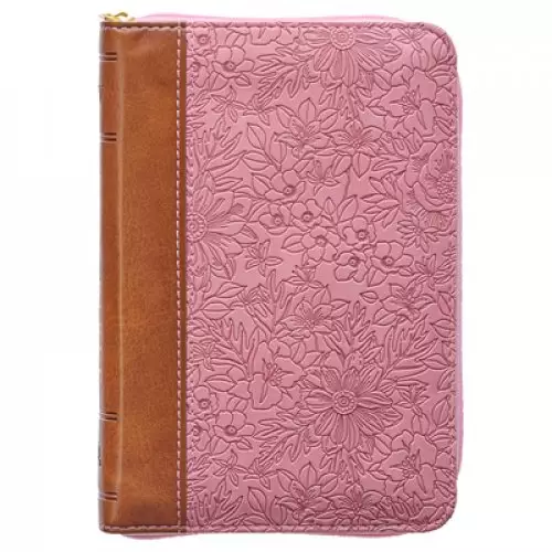 KJV Bible Mini Pocket Faux Leather, Pink/Saddle Tan w/zipper