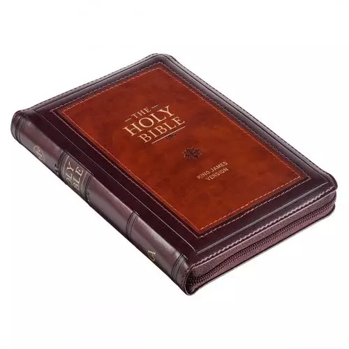 KJV Bible Compact Faux Leather, Burgundy/Saddle Tan w/zipper