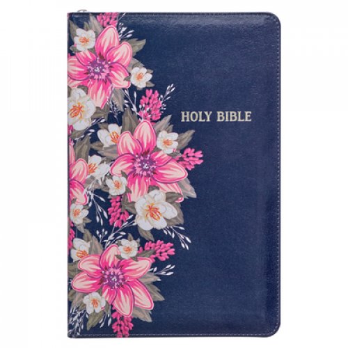 KJV Bible Deluxe Gift Faux Leather, Blue Floral Printed w/zipper