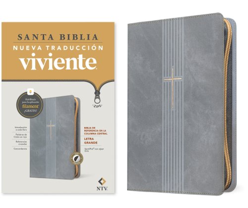 Biblia de referencia en la columna central NTV, letra grande de zíper con Filament (SentiPiel, Gris, Índice, Letra Roja)