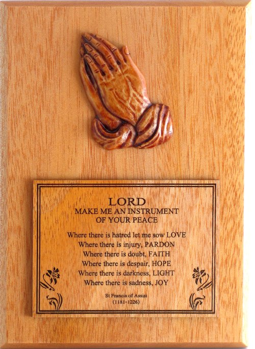 Plaque - Praying Hands - Prayer of St Francis - 6in x 4.5in