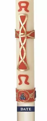 Dated Alpha and Omega with Red Cross Wax Relief and Paschal Candle 30" x 2"