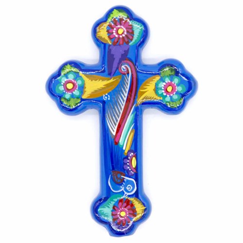 Mexican Painted Ornate Bird Cross - Blue