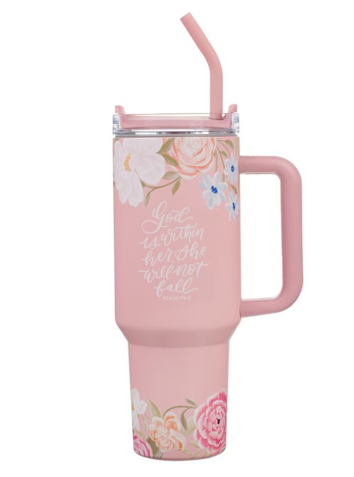 God is With Her Pink Floral 40 oz Stainless Steel Tumbler with Straw