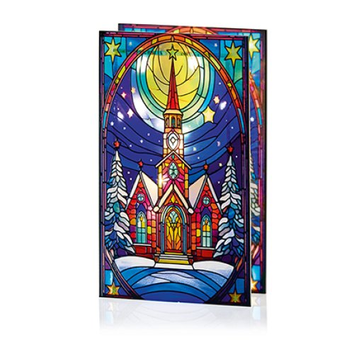 21 x 13cm B-O Lit Church with Star Stained Glass Table Top with 25 Warm White LED  Double Sided