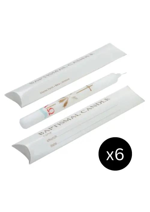 Pack of 6 Baptism Candles 9 x 7/8 Inch - Alpha & Omega (Pillow Pack)