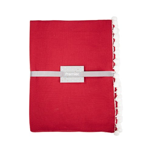 2m x 1.3m Red Tablecloth with White PomPom Edge