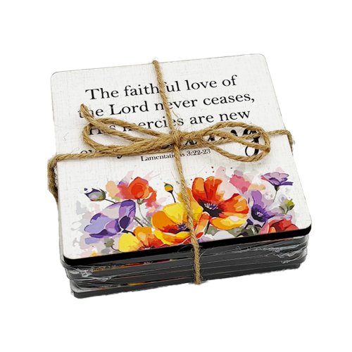 Set of 6 Wooden Coasters – "The Faithful Love of the Lord Never Ceases" (Lamentations 3:22–23)
