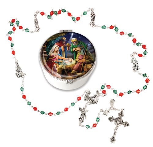 Nativity Red and Green Bead Rosary in Porcelain Box