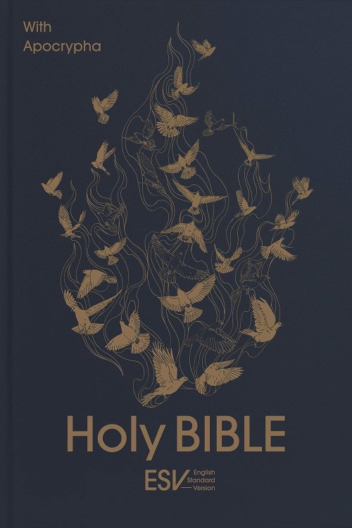 ESV Holy Bible with Apocrypha, Anglicised Deluxe Leatherette Edition, Navy Blue Hardback, Bronze Debossed Dove, ESV English Standard Version, Hardback, Standard size