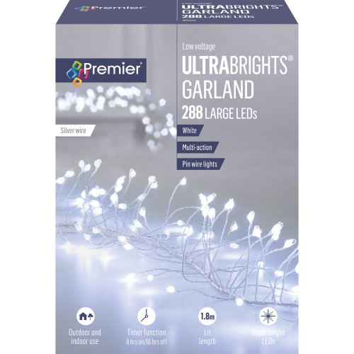 288 Large LED Multi-Action Ultrabright Garland with Timer in White (PinWire Cable)