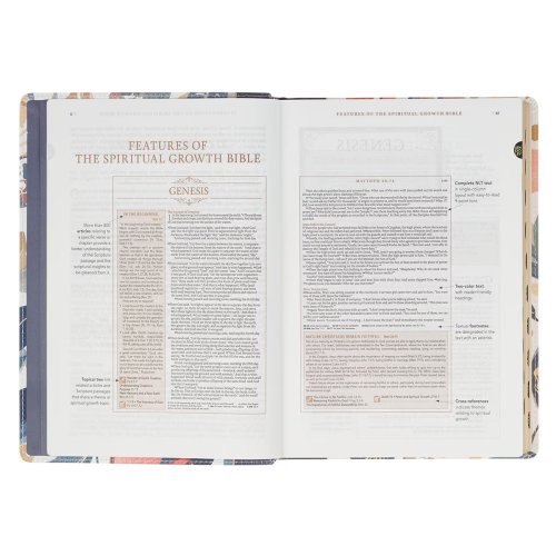 NLT, The Spiritual Growth Bible Faux Leather, Navy with leaves