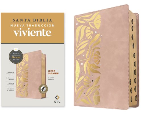 Biblia letra gigante NTV con Filament (SentiPiel, Rosado oro, Índice, Letra Roja)