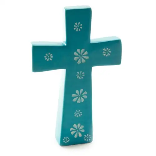 Standing Soapstone Cross - Turquoise Flower