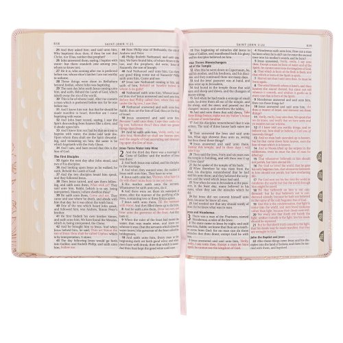 Whisper Pink Floral Faux Leather Large Print Thinline King James with Thumb Index