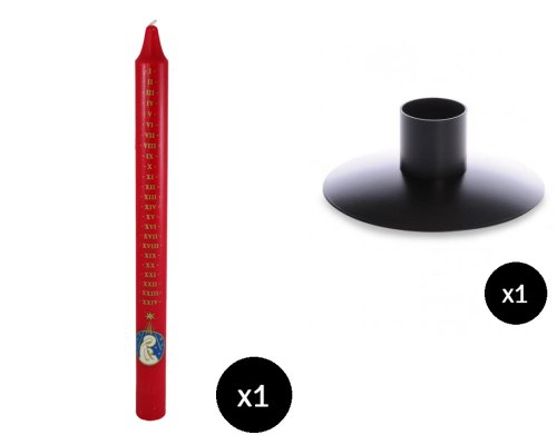 38cm Large Red & Gold Advent Candle with Mother & Child & Wrought Iron Candle Holder