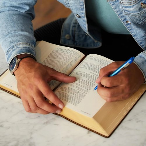 NKJV, Journal the Word Reference Bible (Brown Leathersoft over Board, Red Letter, Comfort Print)