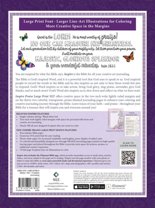 Inspire PRAISE Bible Large Print NLT, Filament Enabled (Hardcover LeatherLike, Purple)