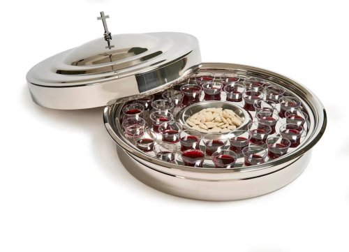 Communion Bread Plate Cover 6 5/8" x 3/4" - Silver Finish With Elegant Cross Topper