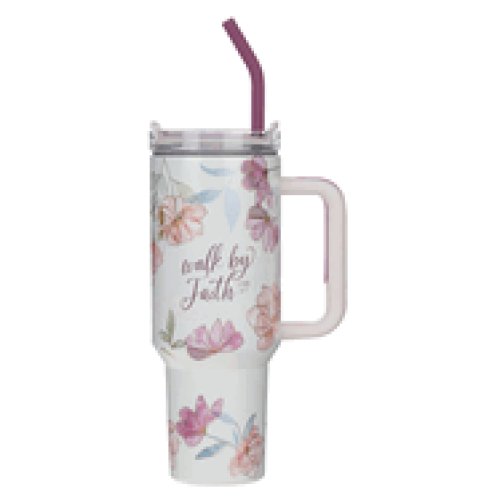 Tumbler w/straw SS White Floral Walk By Faith 2 Cor. 5:7
