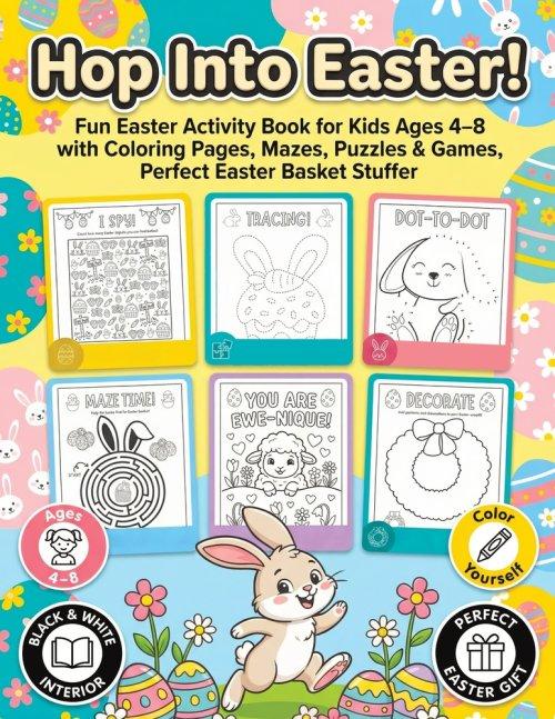 Hop Into Easter!: Fun Easter Activity Book for Kids Ages 4-8 - Coloring Pages, Dot to Dot, Mazes, Puzzles & Games, Perfect Easter Basket Stuffer