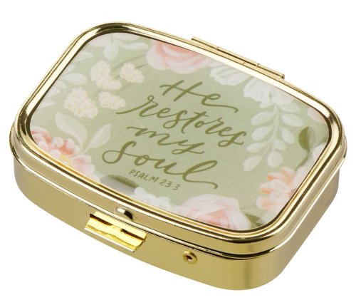 He Restores My Soul Green Floral Pill Case - Psalm 23:3